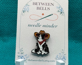 Cowboy Border Collie Needle Minder, Western Dog Needle Holder for Cross Stitch, Embroidery, Needlepoint, Enamel Needle Minder