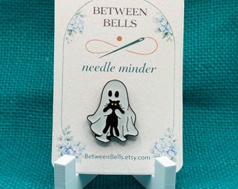 Ghost Holding Black Cat Needle Minder | Cute Halloween Magnet | Spooky Cat Lover Gift | Cross Stitch & Embroidery Accessory