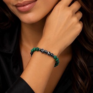 Damenarmband aus 8 mm grünem Malachit, schwarzem Onyx und Hämatit – 17 cm – Handgefertigt – Jede Größe erhältlich