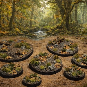 Può includere: Una collezione di basi per terreno in miniatura, circolari e strutturate con terra, erba e foglie cadute. Le basi variano in dimensioni e sono progettate per giochi da tavolo. La scena è ambientata in un ambiente forestale.