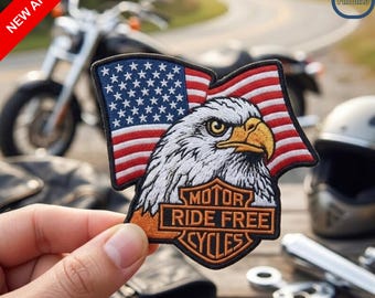 Embroidered Eagle American Flag Patch: Motor Ride Free Cycles Logo