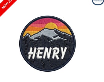 Custom Name Mountain Embroidered Patch Vintage Sunset Iron On Sew On Round Badge for Kids Backpack Hiking Jacket Camping Gift