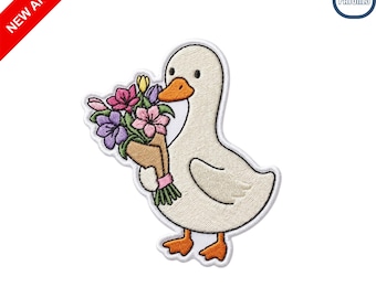 Cute Duck Holding Flower Bouquet Embroidered Patch Kawaii Animal Iron on Badge for Jacket Backpack Decoration