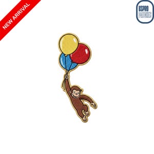 May include: Embroidered patch featuring a brown monkey holding three balloons: yellow, red, and blue. The patch has a gold border and is on a white background. The text "NEW ARRIVAL" is in a red banner in the upper left corner.