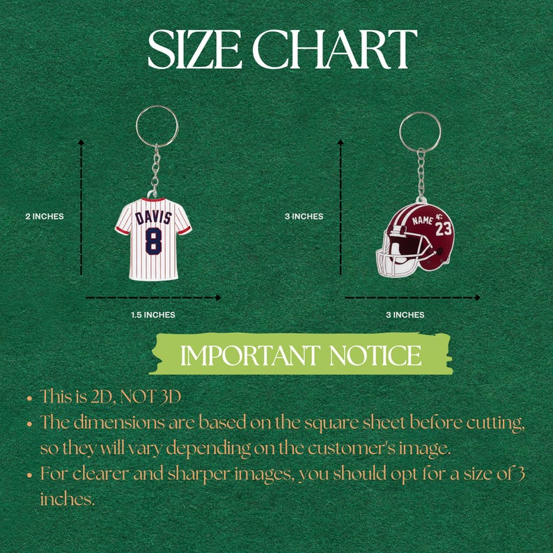Puede incluir: Gr&aacute;fico de tabla de tallas con dos llaveros: una camiseta de b&eacute;isbol (5 cm de alto, 3,8 cm de ancho) y un casco de f&uacute;tbol americano (7,6 cm de alto, 7,6 cm de ancho). Texto: "TABLA DE TALLAS".