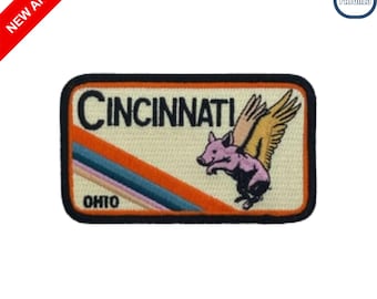 Cincinnati Ohio Embroidered Patch Retro Flying Pig Design Iron On Souvenir for Jackets Hats and Backpacks
