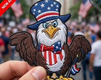 Uncle Sam Bald Eagle Patriotic Patch - Cartoon American Flag Top Hat & Bowtie Embroidered Morale Badge for July 4th Jackets