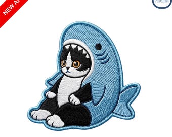 Cute Cat in Shark Costume Embroidered Patch Tuxedo Kitten Iron On Badge for Backpacks Jackets Clothing Funny Ocean Animal Gift