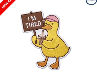m Tired Funny Duck Embroidered Patch Cute Coffee Lover Iron On Sew On Meme Badge for Jackets Backpacks and Grumpy Animal Gift