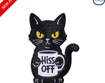 Hiss Off Black Cat Embroidered Patch Funny Coffee Lover Iron On Sew On Grumpy Kitten Sarcastic Badge for Jackets Backpacks and Cat Gift