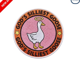 Gods Silliest Goose Embroidered Patch Funny Meme Angel Halo Pink Round Emblem Iron on Badge for Jacket Backpack Decoration
