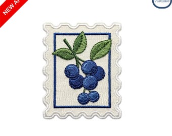 Blueberry Postage Stamp Embroidered Patch Vintage Fruit Iron On Sew On Cottagecore Badge for Jackets Backpacks Botanical Gift