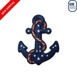 May include: An embroidered patch shaped like a navy blue anchor featuring white stars and a red, white, and tan rope wrapped around the center. The design includes a red diagonal banner in the corner with the text NEW ARRIVAL and a logo for USPRO PATCHES.