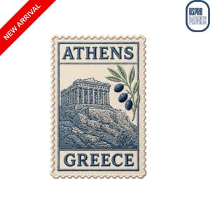 Athens Greece Travel Embroidered Patch Parthenon Acropolis Postage Stamp Souvenir Rectangular Badge Olive Branch Ancient Emblem