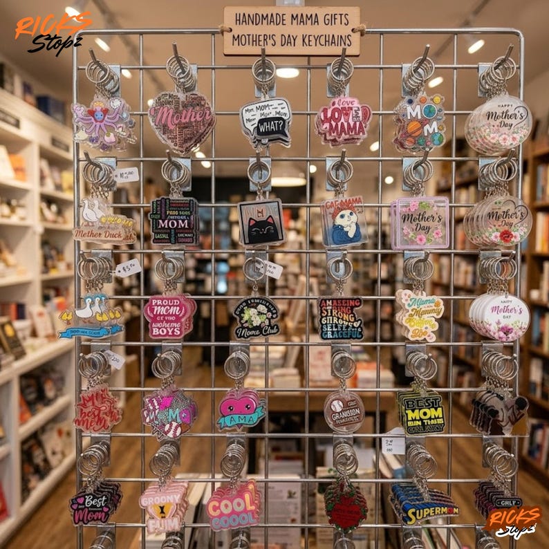 Puede incluir: Una exhibici&oacute;n de llaveros del D&iacute;a de la Madre con varios dise&ntilde;os y frases como "Mother", "Love Mama" y "Best Mom". Los llaveros est&aacute;n en una rejilla de metal, con un letrero de madera que dice "Handmade Mama Gifts Mother's Day Keychains."