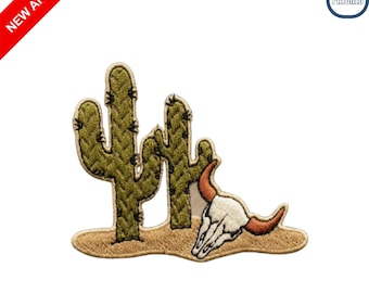 Desert Saguaro Cactus and Bull Skull Embroidered Patch Western Southwest Souvenir Badge for Hats Backpacks and Jackets