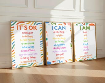 Láminas de afirmación para niños, decoración de guardería arcoíris, regulación emocional (descarga digital)