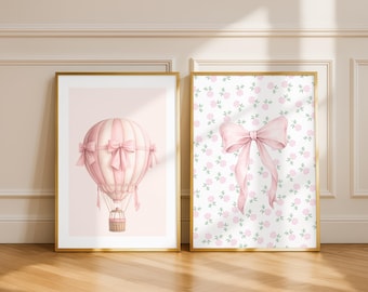 Arte de pared para habitación infantil: globo aerostático rosa y lazo floral - Descarga digital