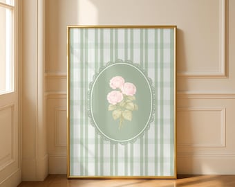 Flores verdes de Cottage Core, estampado de cuadros vichy (descarga digital)