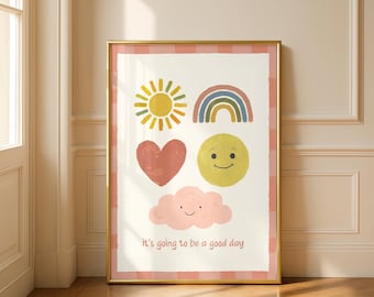 Lámina de arte bohemio para habitación infantil, sol, arcoíris, nube y corazón, decoración positiva para habitación infantil (descarga digital)