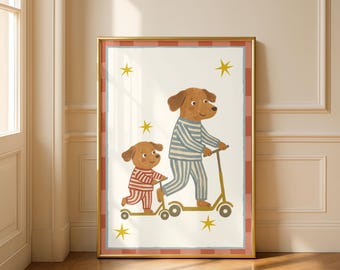 Impresión artística de pijama retro de scooter para cachorro, decoración caprichosa para habitación de perro (descarga digital)