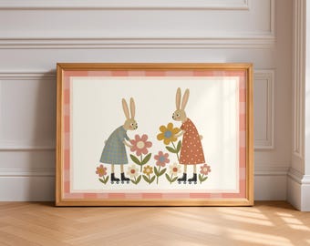 Lámina artística de un conejito en un jardín de flores, ilustración infantil original (descarga digital)