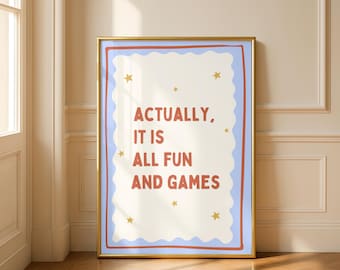 Eigentlich ist alles nur Spaß und Spiel – Poster im Retro-Typografie-Stil, verspielte Bürodekoration