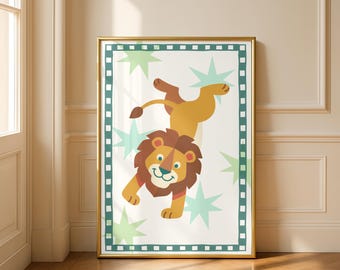 Lámina infantil de león: Arte mural retro de animales de circo (descarga digital)