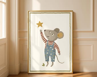 Lámina infantil con mono estrellado de ratón, arte retro de animales de cuentos (descarga digital)