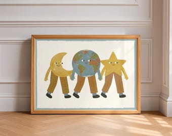 Lámina infantil de Amigos Celestiales, decoración de pared caprichosa de Sol, Luna, Tierra y Estrella (descarga digital)