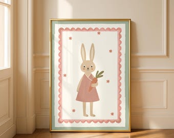 Lámina de pared para habitación infantil de conejo con zanahoria, póster de animales del bosque en tonos pastel (descarga digital)