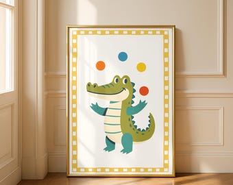 Lámina de cocodrilo para pared: Animal de circo haciendo malabarismos - Decoración infantil para habitación infantil