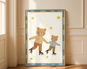 Arte de pared infantil de osos patinadores, ilustración de un osito de peluche (descarga digital)
