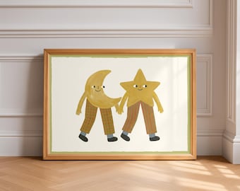 Lámina infantil de luna y estrellas, ilustración de cuento celestial (descarga digital)