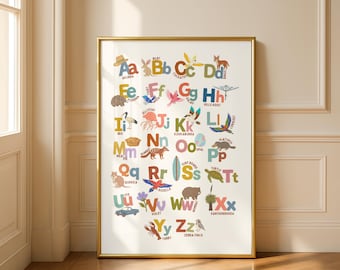 Australisches Alphabet-Kunstwerk, Boho-Tier-Wandbild für Kinderzimmer (Digitaler Download)