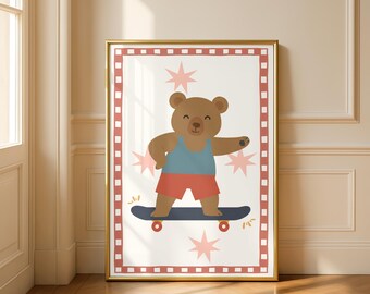 Arte mural de patineta de oso retro: Decoración para el cuarto de juegos infantil (Descarga digital)