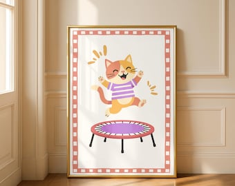 Arte de pared imprimible de gato saltando, decoración infantil (descarga digital)