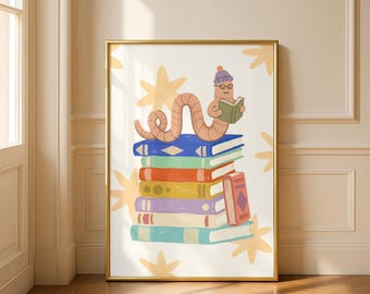 Bücherstapel „Lesender Wurm“ als Kunstdruck, verspielte literarische Kinderzimmerdekoration (Digitaler Download)