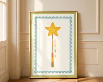 Lámina infantil de varita mágica, ilustración de varita mágica con estrellas en tonos pastel (descarga digital)