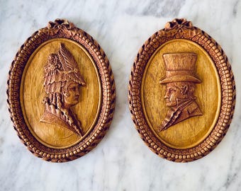 Vintage Him and Her Silhouette Plaques | Set of 2 Carved Wood Reliefs