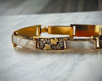 Damascene Gold Tone and White Enamel Link Bracelet