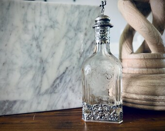 Antique Glass Decanter | Etched Glass Bottle with 800 Silver Repousse Overlay