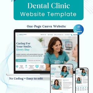 Op de afbeelding: Een digitale website-sjabloon voor tandartspraktijken voor Canva, weergegeven op een laptop, tablet en smartphone. Het ontwerp bevat de tekst "Dental Clinic Website Template", "One-Page Canva Website", "No Coding • Easy to edit" en "Edit in Canva".