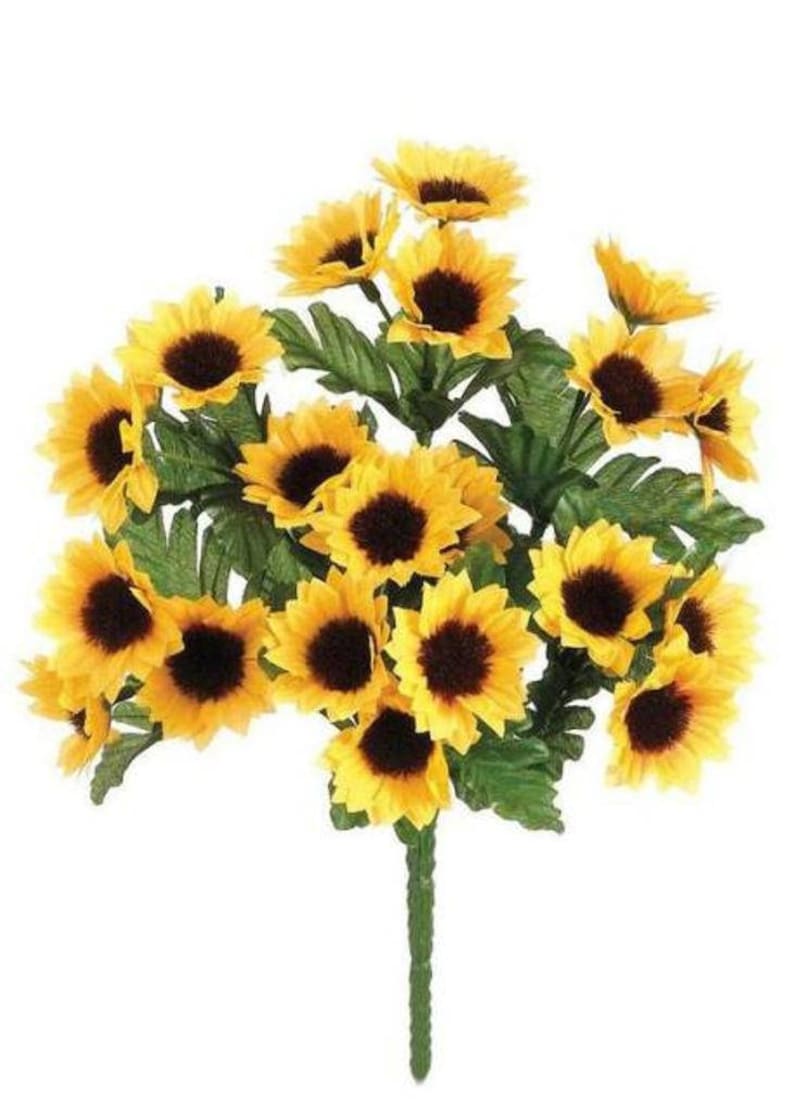 Mini silk sunflower bush in yellow gold. Mini Silk Sunflower Bush in Yellow Gold 10.25 Tall