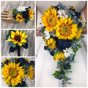 Artificial Navy Sunflower and Daisy Bridal Bouquets, Blue Sunflower Bridal Flowers, Daisy Sunflower Wedding Flowers