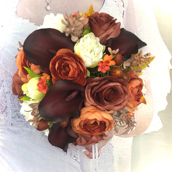 Bridal Bouquet for Fall Wedding with Cedar Rose Wedding Flowers Burgundy Calla Lily Bouquet to match Azazie Cedar Rose Bridal Color