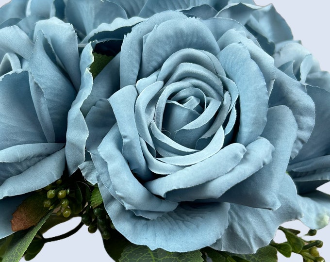 New Artificial Dusty Blue Real Touch Rose, Large Blue Real Touch Rose ...