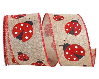 5yds Ladybug and Daisy Wired Ribbon, Ladybug Wired Ribbon, Ladybug Ribbon for Wreaths, Ladybugs.