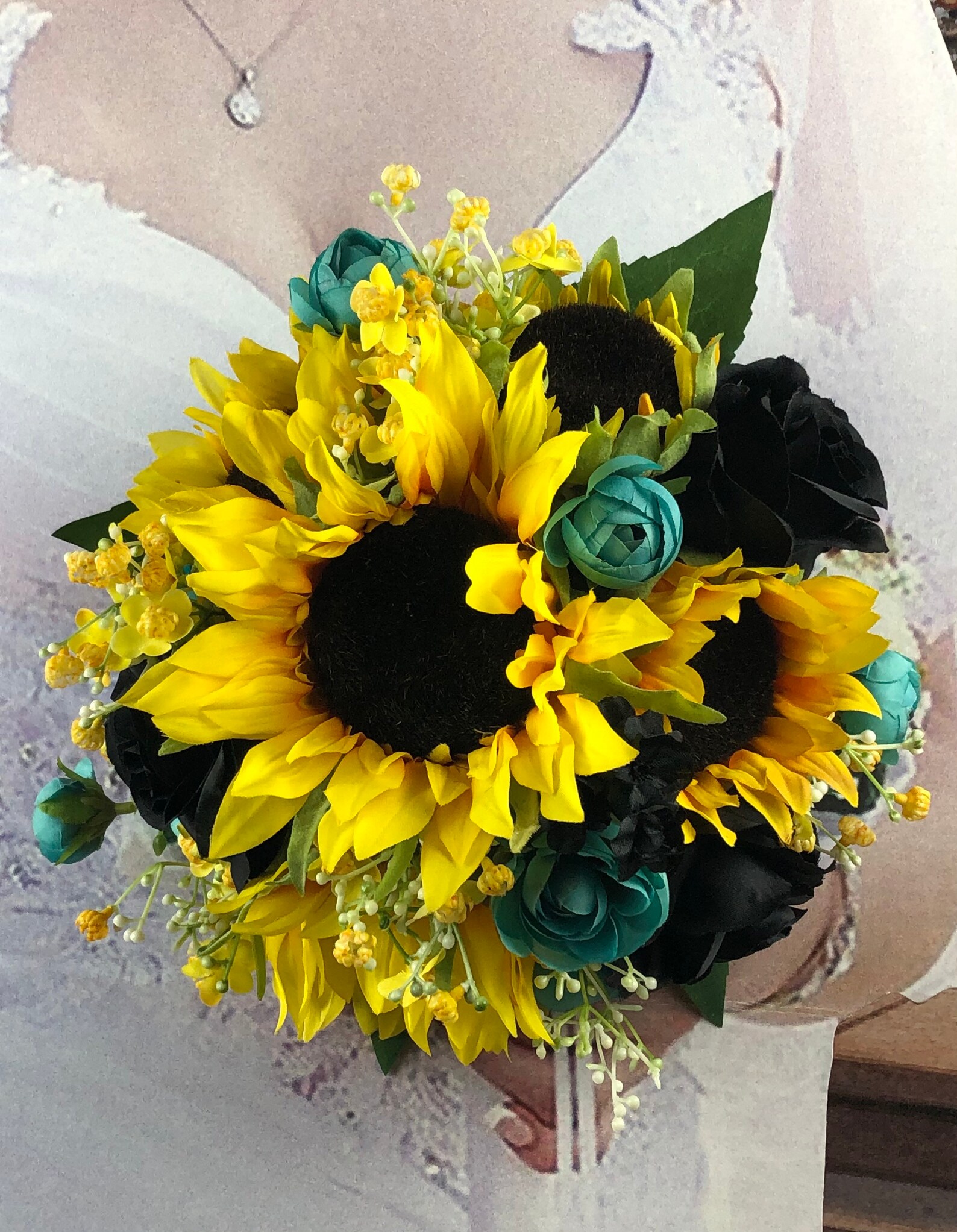 Artificial Sunflower Turquoise and Black Bridal Bouquets | Etsy