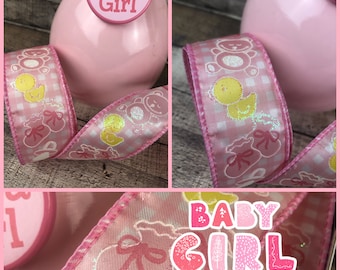 Baby Girl Ribbon, Its a Girl Ribbon, Vintage Baby Girl Ribbon  1-1/2" wide, Wired Pink Ribbon, Gender Reveal Ribbon | 5yd Baby Shower Ribbon